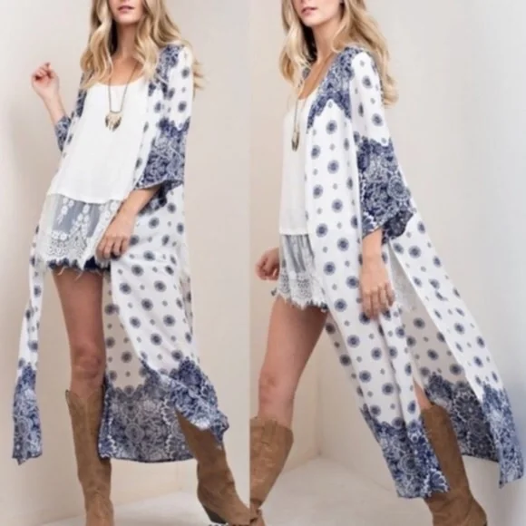 Boho floral print side slit Duster kimono cover up - Picture 3 of 5